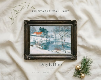 Red Barn and Frozen Pond Print, Vintage Christmas Printable Wall Art (Digital Download)