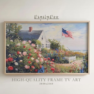 4th of July Frame TV Art,  Independence Day Art, Summer Frame TV, American Flag, Coastal Garden Artwork, USA Oil Painting, Digital Download