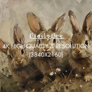 May include: Three brown rabbits with soft fur are sitting in a field of green grass and white flowers. The rabbits are looking at the camera. The image is labeled "Digily-Doo 4K HIGH-QUALITY & RESOLUTION (3840X2160)".