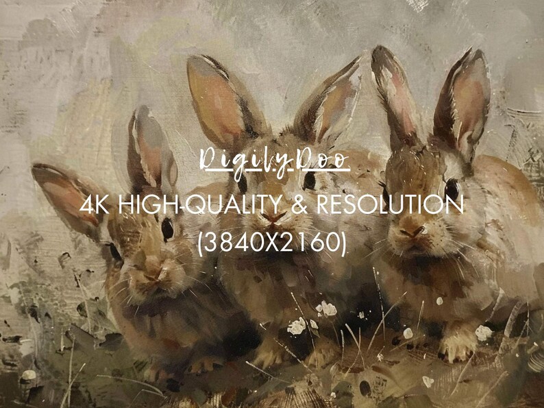 May include: Three brown rabbits with soft fur are sitting in a field of green grass and white flowers. The rabbits are looking at the camera. The image is labeled "Digily-Doo 4K HIGH-QUALITY & RESOLUTION (3840X2160)".