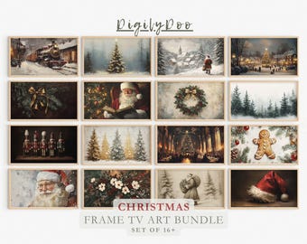 Conjunto de TV com Moldura de Natal Vintage, Conjunto de TV Papai Noel de Inverno, Decoração Rústica de Férias de Inverno, Download Digital de TV Samsung de Fazenda