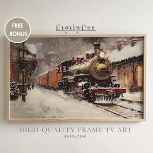 May include: A vintage-style painting of a steam train traveling through a snowy landscape. The train is red and black with white snow on top. The train is traveling through a snowy forest with a small town in the background.