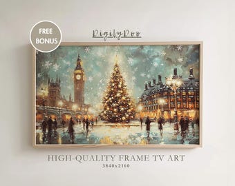 Vintage London Christmas Tree TV Art, Moody Holiday Painting (Digital Download)