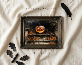 Halloween Printable Wall Art, Jack O Lantern Print, Moody Pumpkin Painting, Digital Download