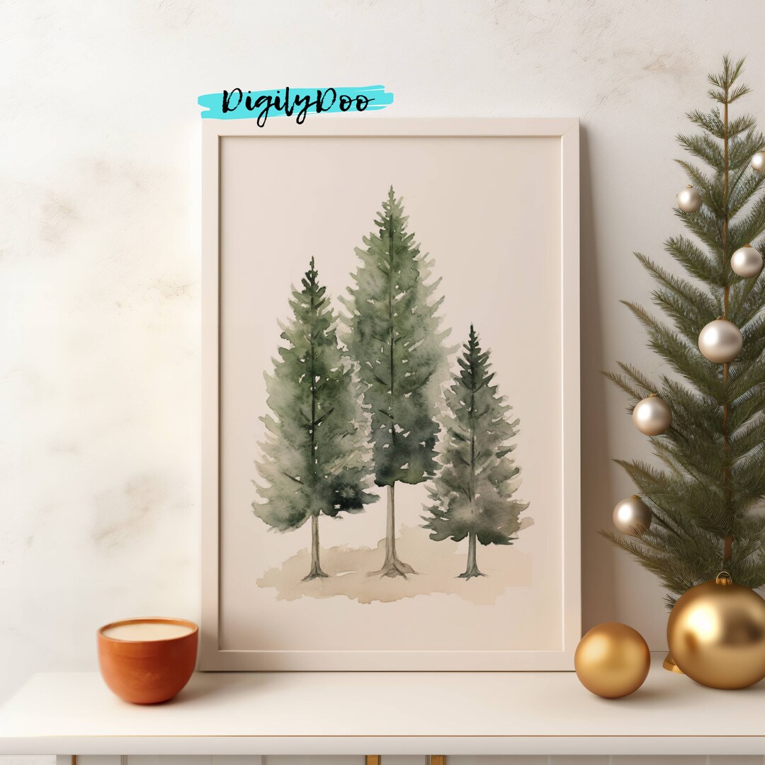 Evergreen Trees Print Watercolour Painting Winter Forest Printable Wall ...