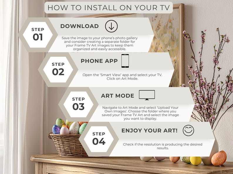 May include: A step-by-step guide on how to install artwork on a smart TV using the "Smart View" app. The steps include downloading the image, opening the app, selecting the TV, navigating to Art Mode, uploading the image, and enjoying the artwork.