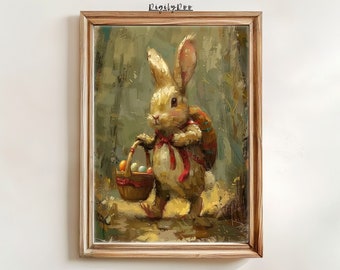 Cute Easter Bunny hiking Print Art, tiny rabbit in forest Printable Wall Art, Spring Nursery Oil Painting, Academia Decor Digital Download