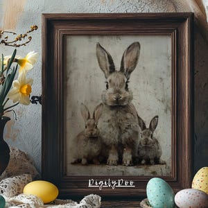 Rustic Cute Easter Bunny Art Print, Vintage Rabbit Family Printable Wall Art, Spring Nursery Bunny Portrait, Animal Decor Digital Download