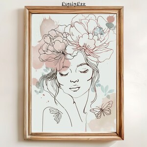 Impresión artística de dibujo lineal de mujer, decoración de pared con sombrero y flores femeninas coloridas, póster con estampado femenino, retrato minimalista de arte lineal, descarga digital
