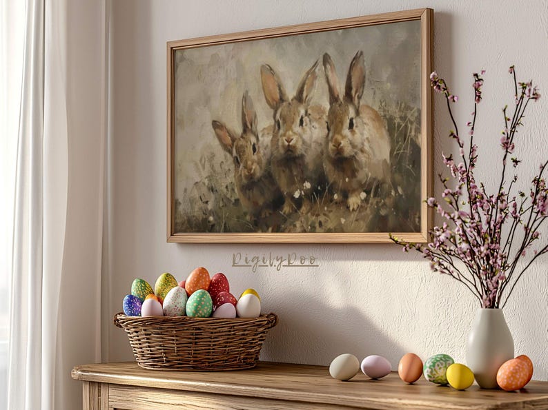 May include: A framed painting of three brown rabbits with long ears, set on a wooden table with a basket of colorful Easter eggs and a vase of pink flowers.