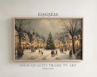 May include: A framed winter scene depicts a snowy village square with a decorated Christmas tree. People stroll around the square, and buildings are lit with warm light. The artwork is labeled "HIGH-QUALITY FRAME TV ART".