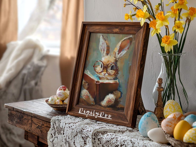 Puede incluir: Una pintura enmarcada de un conejo marr&oacute;n con gafas leyendo un libro. La pintura est&aacute; en un marco de madera r&uacute;stico con las palabras "Digily.Doo" escritas en la parte inferior.
