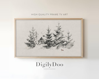 Log Cabin and Fir Trees Sketch, Vintage Christmas Frame TV Art (Digital Download)