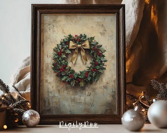 Vintage Christmas Wreath Art Print: Rustic Holiday Wall Decor (Digital Download)