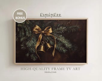 Moldura de Natal para TV, Decoração de Natal com Galhos de Natal Escuros e Sombrios para TV, Pintura de Sinos Vintage para o Feriado, Protetor de Tela de Inverno, Download Digital para TV Samsung