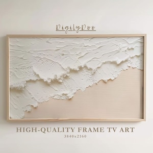 May include: A framed white textured art print depicting a wave crashing on a beach. The print is in a light wood frame. The text "HIGH-QUALITY FRAME TV ART 3840x2160" is below the frame.