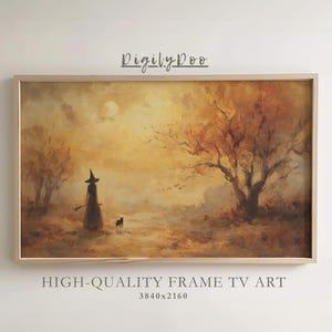 May include: A framed digital art print depicting a witch walking with a black cat through a golden autumn landscape. The artwork features a full moon and a large tree, with the text "DigilyDoo" and "HIGH-QUALITY FRAME TV ART".
