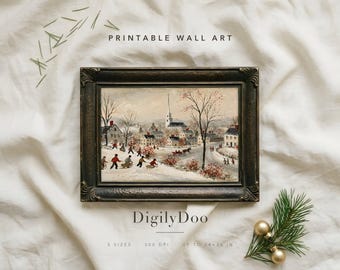 Christmas Printable Wall Art, Village Church Sledding Print, Folk Art Painting, Digital Download