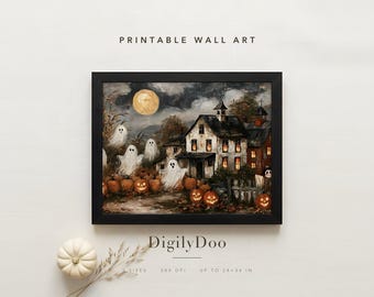 Duchy nad farmą dyń, wydruk, grafika ścienna w stylu vintage z motywem Halloween (do pobrania w wersji cyfrowej)