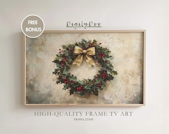 Moldura de Natal para TV, Decoração de TV com guirlanda rústica, Protetor de tela vintage para feriados de inverno, Pintura de fazenda de Natal, Download digital para TV Samsung