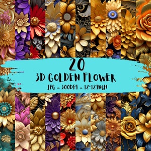 3D Goldene Blumen digitales Papier, nahtloses Muster, 3D Blumen Hintergrund, 3D Blumen digitales Papier, Scrapbook, JPG, 12x12in, kommerzielle Nutzung