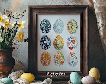 May include: A framed print of nine colorful Easter eggs with floral patterns. The eggs are arranged in a 3x3 grid. The print is on a white background and has the text "Digily Doo" in the bottom center.