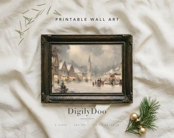 Christmas Printable Wall Art, Old Town Square with Carousel Print, Winter Village, Digital Download