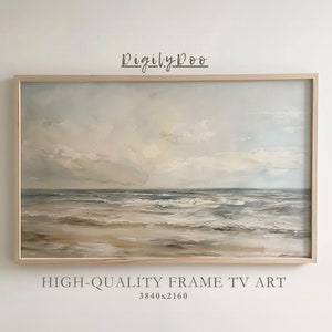 Op de afbeelding: Een ingelijst schilderij van een zeezicht met een lichtblauwe lucht en witte wolken. De oceaan is donkerblauw met witte golven die breken op het zandstrand. De lijst is van licht hout. De tekst "HIGH-QUALITY FRAME TV ART 3840x2160" staat onder de lijst.