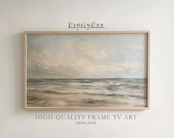 Coastal Beach Frame TV Art, Neutral Seascape Painting (Digital Download)