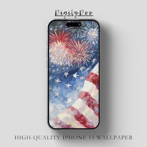 May include: A digital phone wallpaper featuring a watercolor painting of an American flag with fireworks in the background.