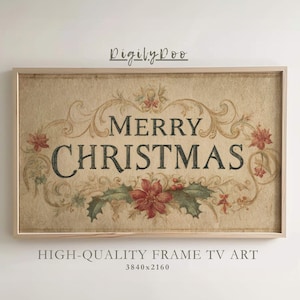 Pode incluir: Uma placa emoldurada em estilo vintage com as palavras "MERRY CHRISTMAS" em uma fonte decorativa. A placa apresenta detalhes florais e de rolagem em tons de vermelho, verde e bege. O texto "HIGH-QUALITY FRAME TV ART" está abaixo.