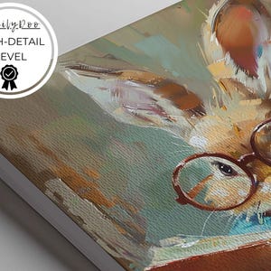 Puede incluir: Una pintura de un conejo marr&oacute;n con gafas redondas leyendo un libro. El conejo tiene un pelaje marr&oacute;n claro y una nariz blanca. El libro es rojo y tiene una cubierta azul. El fondo es verde claro y marr&oacute;n.