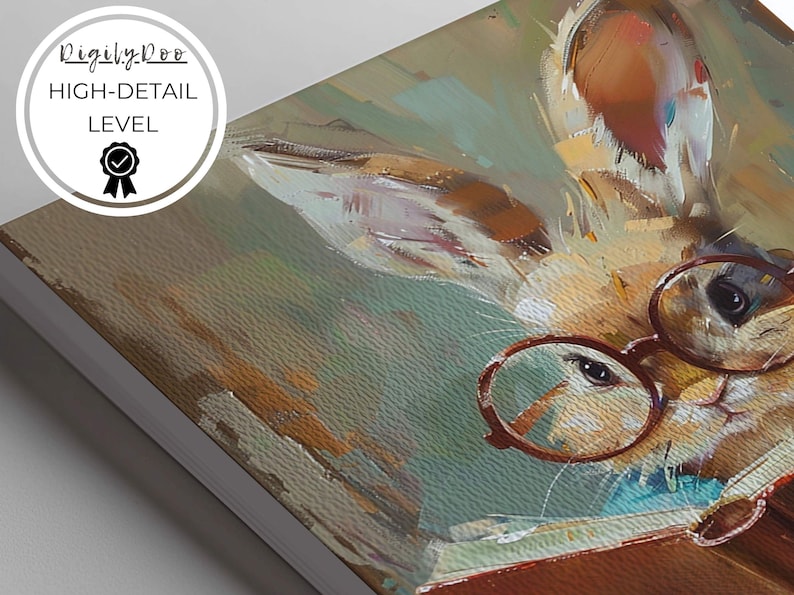 Puede incluir: Una pintura de un conejo marr&oacute;n con gafas redondas leyendo un libro. El conejo tiene un pelaje marr&oacute;n claro y una nariz blanca. El libro es rojo y tiene una cubierta azul. El fondo es verde claro y marr&oacute;n.