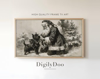Christmas Frame TV Art, Vintage Santa and Terrier Dog, Antique Sepia Ink Sketch