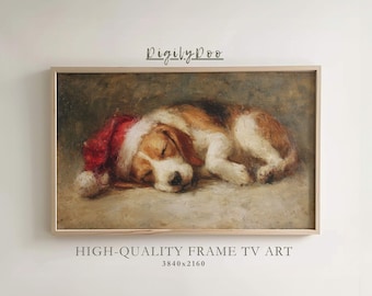 May include: A framed painting of a sleeping beagle wearing a red Santa hat. The dog has brown, white, and black fur. The painting is labeled "HIGH-QUALITY FRAME TV ART" with the resolution 3840x2160.