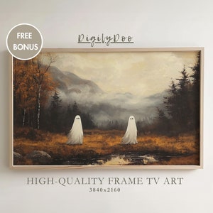 Puede incluir: Una pintura enmarcada que representa una escena de bosque brumoso con dos fantasmas blancos de pie en un claro. La pintura está en un marco de madera claro y tiene un aspecto rústico y vintage. El texto "HIGH-QUALITY FRAME TV ART 3840x2160" está impreso debajo del marco.