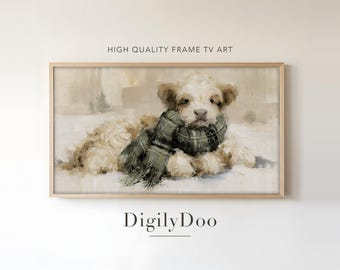 Christmas Frame TV Art, Fluffy Highland Calf in Sage Scarf Winter Painting (Digital Download)