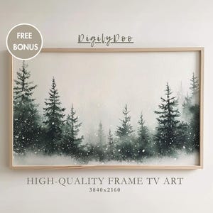 Puede incluir: Una pintura de acuarela enmarcada de una escena de bosque nevado con árboles altos de color verde oscuro. La pintura está en un marco de madera claro y tiene el texto "DigilyDoo" y "HIGH-QUALITY FRAME TV ART 3840x2160" impreso debajo.