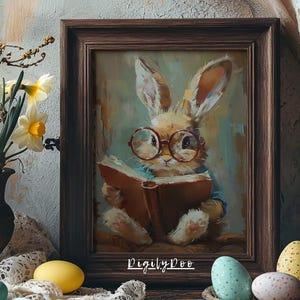Puede incluir: Una pintura de un conejo marr&oacute;n con gafas redondas leyendo un libro. El conejo est&aacute; sentado sobre una superficie marr&oacute;n y el fondo es de color azul claro y verde. La pintura est&aacute; enmarcada en un marco marr&oacute;n oscuro.