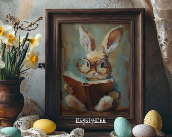 Cute Easter Bunny Reading Book Print Art, tiny rabbit big glasses Printable Wall Art, Spring Nursery Painting, light Academia Decor Download