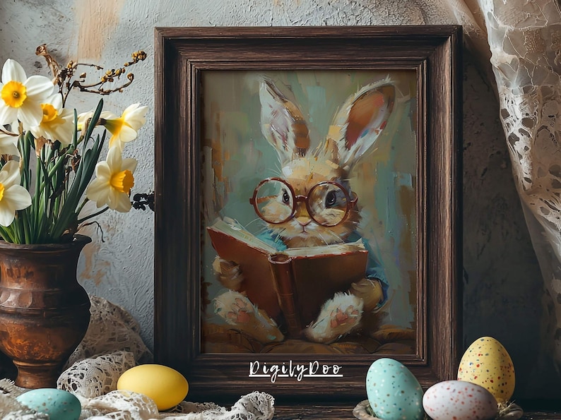 Puede incluir: Una pintura de un conejo marr&oacute;n con gafas redondas leyendo un libro. El conejo est&aacute; sentado sobre una superficie marr&oacute;n y el fondo es de color azul claro y verde. La pintura est&aacute; enmarcada en un marco marr&oacute;n oscuro.