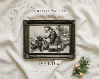 Christmas Printable Wall Art, Vintage Santa and Terrier Dog Print, Sepia Sketch, Digital Download