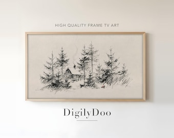 Snowy Cabin Pencil Sketch, Vintage Christmas Frame TV Art (Digital Download)