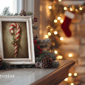 Rustic Candy Cane Wall Art, Vintage Christmas Oil Painting, Winter ...