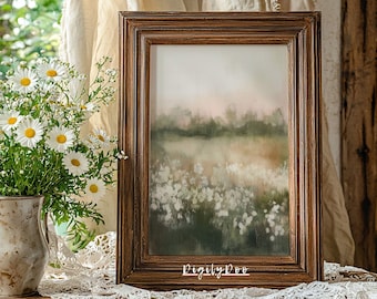 Pintura al óleo de paisaje primaveral estilo cottagecore: Arte floral vintage (descarga digital)