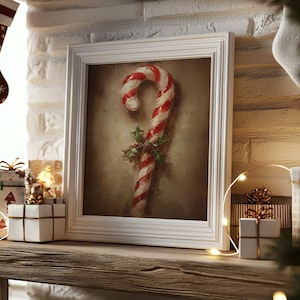 Rustic Candy Cane Wall Art, Vintage Christmas Oil Painting, Winter ...