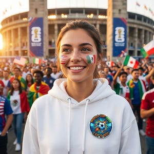 May include: A white hooded sweatshirt featuring a circular pinback button on the chest. The button displays a soccer ball graphic, the text "WORLD CUP 2026" and "LET'S GO!" against a blue background with colorful light bursts and stadium imagery.
