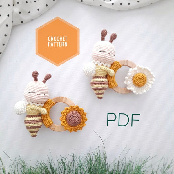 Bee Owen Rattle Crochet PATTERN PDF, teething toy, amigurumi toy, crochet toy for baby mobile