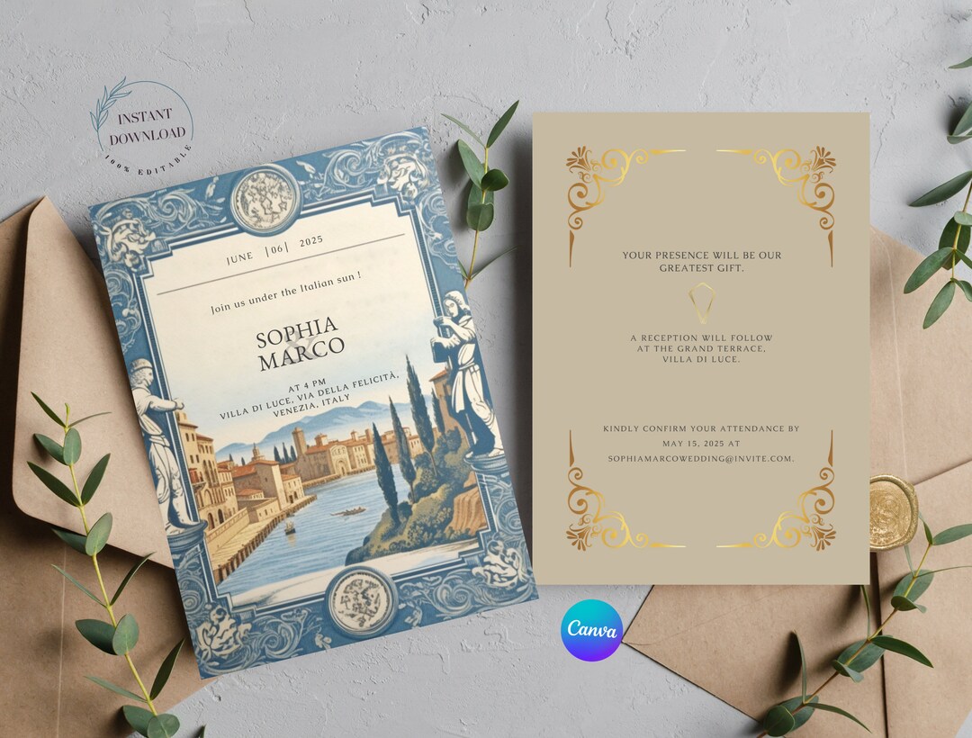 Italy Wedding Invitation Template, Two Sided Invitation, Editable