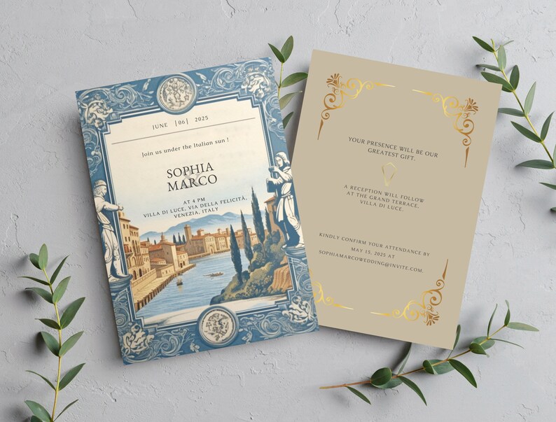 Italy Wedding Invitation Template, Two Sided Invitation, Editable